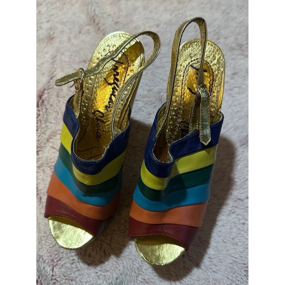 Irregular Choice Shoes Platform Rainbow Wooden Heels Wedge Peep Toe US 8 - Picture 2 of 4